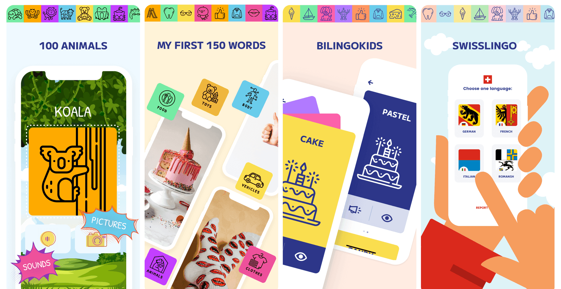 The 12 Apps family — 100 Animals, My First 150 Words, BilinGO Kids, SwissLingo