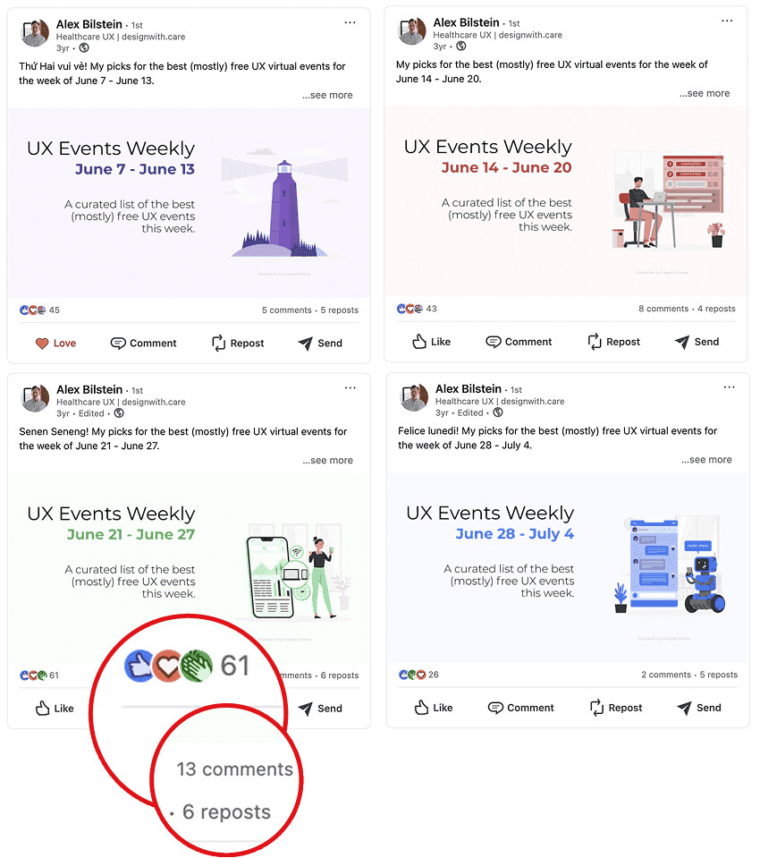 Alex Bilstein's LinkedIn posts — the UX event roundups that sparked the idea