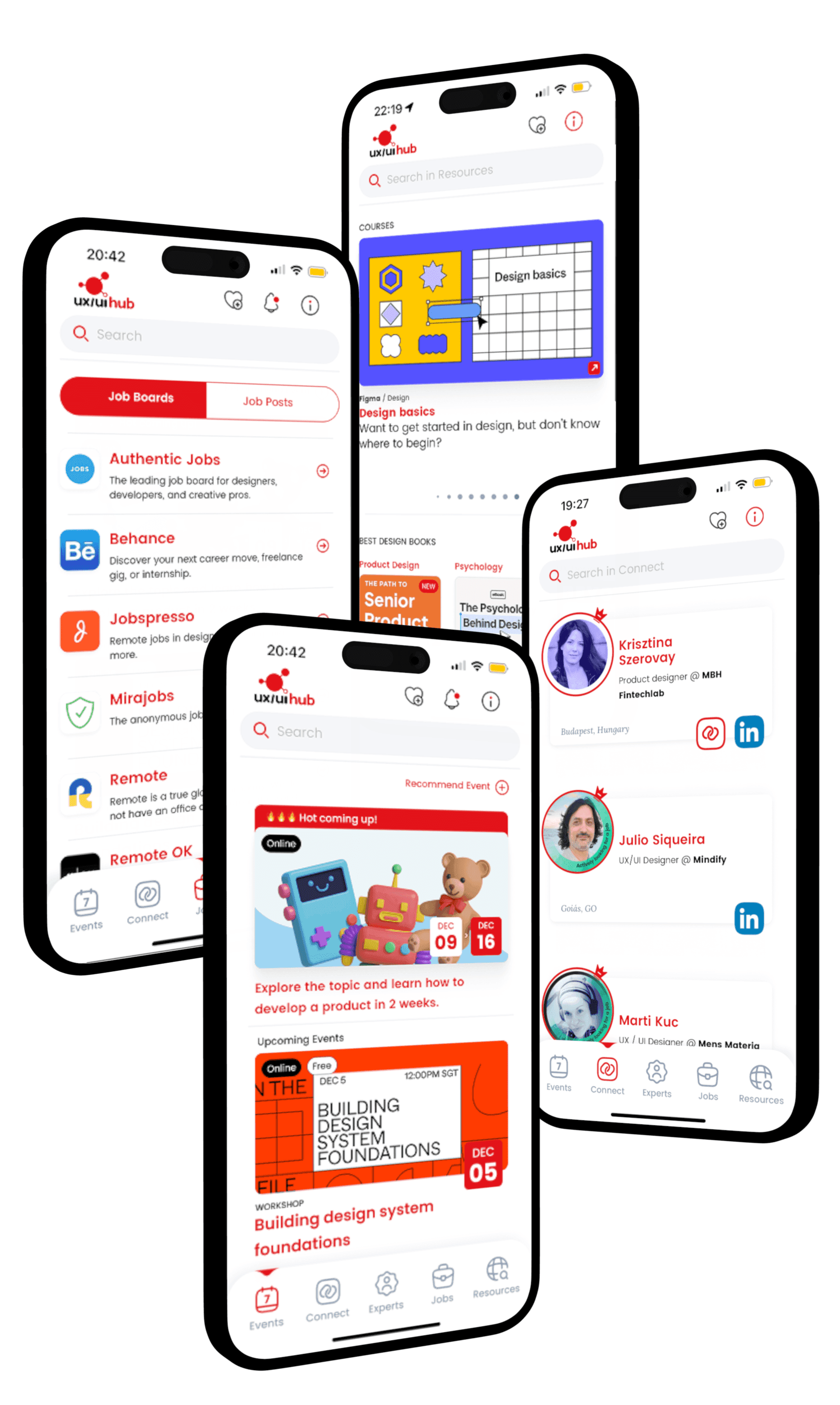 UX/UI Hub v2 app screens — events, resources, connect, jobs